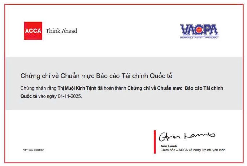 Chứng chỉ về Chuẩn mực Báo cáo Tài chính Quốc tế (IFRS) - Học viên Bình Dương